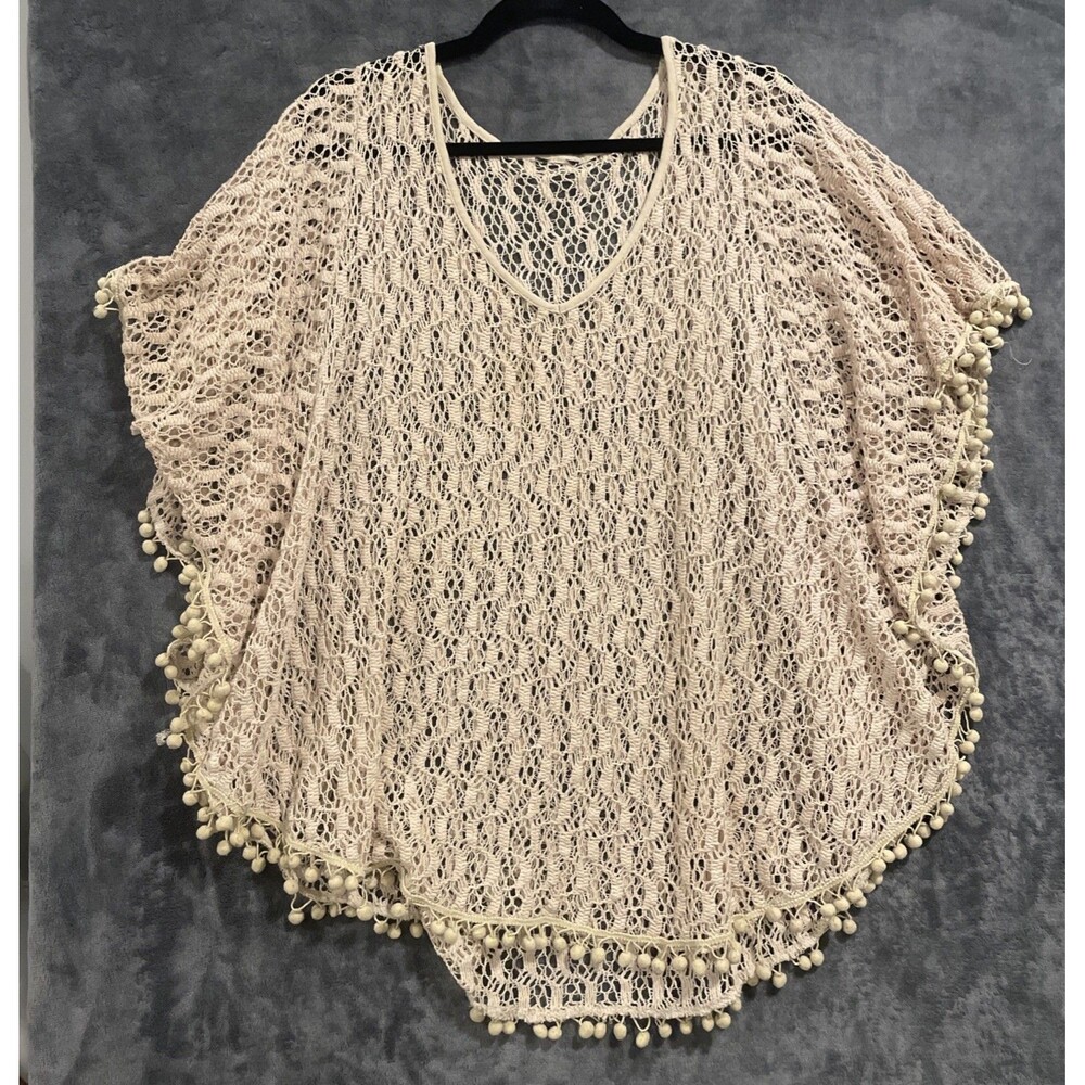 Boho Beige Crochet Lace Batwing Poncho Pom Pom L Festival Hippie Beachy Cover